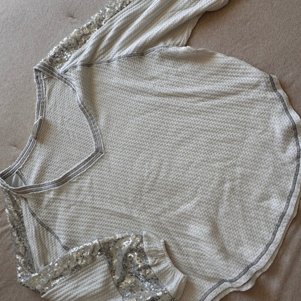 White and Silver Sequin Sleeve Top